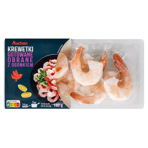 Krewetki gotowane obrane z ogonkiem 16/20 Auchan 180 g