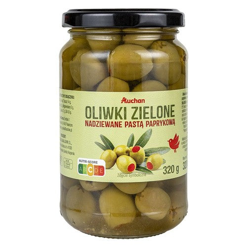 Oliwki zielone nadziewane pastą paprykową w zalewie Auchan 320 g